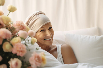 Poster - Mature caucasian bald woman in headwear living after surviving breast cancer generative ai