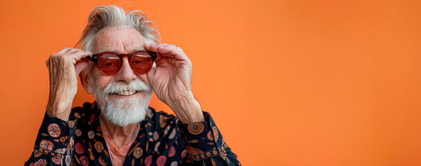 Wall Mural - Senior man with modern clothes and sunglasses over colorful orange background with copy space for advertisement