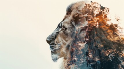 Wall Mural - Double exposure of a lion with fire and smoke on a white background.