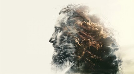 Double exposure portrait of Jesus combined with a cloud of smoke.