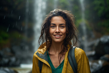 Canvas Print - Generative AI picture of cheerful cute girl exploring tropical exotic forest