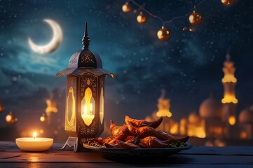 Wall Mural - Candle lantern and traditional Islamic food on a table on a blurry background. Mosque as a place of prayer for Muslims.