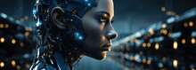 An Animated Image With An Image Of An Irobot Robot, In The Style Of Futuristic Sci-fi, Internet Academia, Digital Collage, Distinct Facial Features, Dark Blue And Light Blue