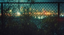 Realistic outdoor nighttime color photograph of distant city lights on the other side of a river seen through a chain link fence, bokeh. From the series “Arcs Circles Grids.