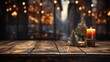 an image of a wooden table with a christmas tree is shown, in the style of blurred imagery, light red and dark brown, commission for, photobash, dark silver and yellow, rtx on, rusticcore