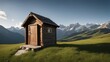 mountain hut in the mountains A wooden outhouse with a   window on the mountains. The outhouse is on a green 