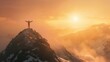 A solitary figure is standing on a snowy peak with arms spread, during a stunning sunset evoking triumph