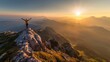A person celebrates life by spreading their arms atop a mountain at sunrise, signifying triumph