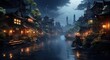 an old, narrow canal along the city, in the style of  dynasty, atmosphere of dreamlike quality, nostalgic charm, dark azure and brown, 8k, hatecore