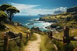 an old pathway leading up to a steep grassy slope leading to the ocean, in the style of villagecore, light aquamarine and brown, vibrant, lively, combining natural and man-made elements, romanticized 