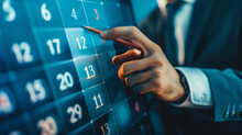 Businessman manages time for effective work. Calendar on the virtual screen interface. Highlight appointment reminders and meeting agenda on the calendar. Time management concept