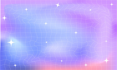 Wall Mural - Groovy retro checkered wavy background. Stylish holographic backdrop with gradient mesh and stars.