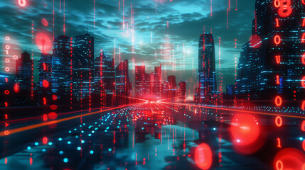 Poster - city skyline at sunset is superimposed with glowing digital binary code lines, symbolizing a high-tech urban environment.