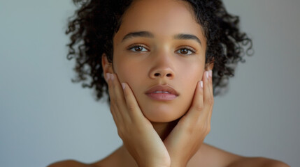 Wall Mural - close-up portrait of a young woman with freckles on her face, touching her cheeks with her hands.