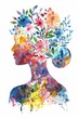 Watercolor silhouette of female head with colorful spring flowers, side view, isolated on white background 