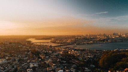 Wall Mural - Aerial view of the Golden Horn, Galata and Istanbul at sunset