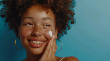 Poster - A young woman is applying a white cream to her face, looking away with a smile and a sense of enjoyment.