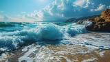 Fototapeta  - blue sea and sunny day on the beach, in the style of i can't believe how beautiful this is, tropical symbolism, youthful energy, yankeecore, calming, clean, captivating