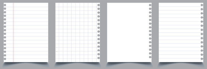 Wall Mural - Set of vector realistic illustrations of a torn sheet of paper from a workbook with shadow, isolated. Vector illustration.