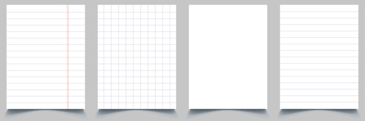 Wall Mural - Set of vector realistic illustrations of a torn sheet of paper from a workbook with shadow, isolated. Vector illustration.