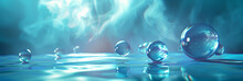 Surreal aqua spheres floating on water with ethereal blue smoke in the background.