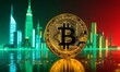 The iconic Bitcoin coin basks in the glow of a neon city reflection. The image symbolizes the intersection of traditional finance and futuristic digital currency. AI generation
