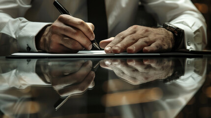 Wall Mural - A person is signing a document on a glass table, a close-up shot emphasizing the action of commitment or agreement in a business context.