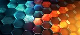 Fototapeta  - Colorful 3D vector illustration of hexagon arrangement and polygonal mesh Blockchain technology. Information blocks in volumetric composition. Edge glowing neon lights