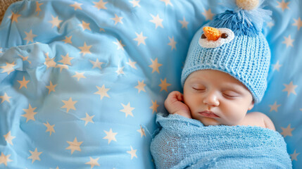 Poster - serene newborn baby wrapped snugly in a blue textile, peacefully asleep, and wearing an adorable knitted hat, evoking a sense of warmth, comfort, and tender infancy.