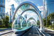 Futuristic transit system enclosed in glass arches weaving through a city with avant garde architecture at every turn