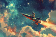 Retro delivery man on a mission riding a rocket through a stylized star filled sky