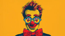 Clown With Red Nose, Bow Tie And Quirky Glasses Illustration Isolated On Yellow Background
