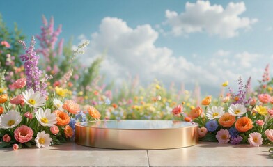 Wall Mural - Product podium for product presentation and display with garden summer and spring flowers, floral summer background podium for cosmetic, with nature in the background. Generating AI