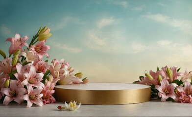 Wall Mural - Product podium for product presentation and display with garden summer and spring flowers, lilies, floral summer background podium for cosmetic, with nature in the background. Generating AI