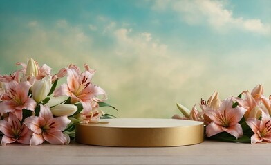 Wall Mural - Product podium for product presentation and display with garden summer and spring flowers, lilies, floral summer background podium for cosmetic, with nature in the background. Generating AI