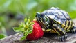 a turtle eating a strawberry 