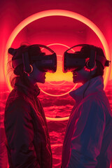 Wall Mural - Two People in Vr Headsets Facing Each Other at Sunset