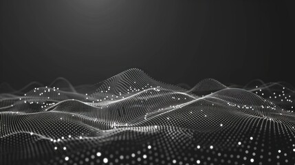 Abstract wave with moving dots and lines. Particle flow. Black and white vector technology illustration