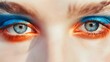 Woman eye make up with blue eyes and blue orange makeup