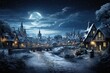 festive sky and town background jpg, in the style of white and indigo, snow scenes, spectacular backdrops, villagecore, white background, photo-realistic landscapes, frottage