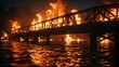 fire burning from a bridge over the water, in the style of whiplash line
