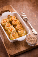 Canvas Print - prawn zucchini rolls witn mozzarella and sesame seeds