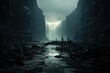 fog and dark landscape with a waterfall, in the style of light silver and dark black, vibrant stage backdrops, post-apocalyptic backdrops, light silver and dark navy, mysterious backdrops, black backg