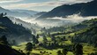 fog covering a hillside with forests, in the style of creative commons attribution, eco-friendly craftsmanship, prairiecore