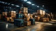 full logistics warehouse packed with boxes, in the style of commercial imagery, dark cyan and dark brown, industrial influence