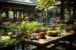 gardening at a courtyard, in the style of nostalgic atmosphere, villagecore