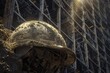 A powerful close-up of a worker helmet, dust-covered and worn, set against the intricate network of steel girders of an under-construction building.