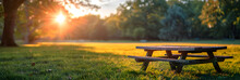 Table In The Park Picnic Table On A Green Meadow Under A Blue Sky ,
Table Bench At Sunset Park Scene
