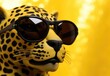 Snow leopard in sunglasses close-up. Portrait of a snow leopard. Anthopomorphic creature. Fictional character for advertising and marketing. Humorous character for graphic design.