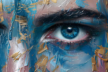 Sticker - Women's eyes.Splashes of bright paint on the canvas. Interior painting. Beautiful background. Generative AI.